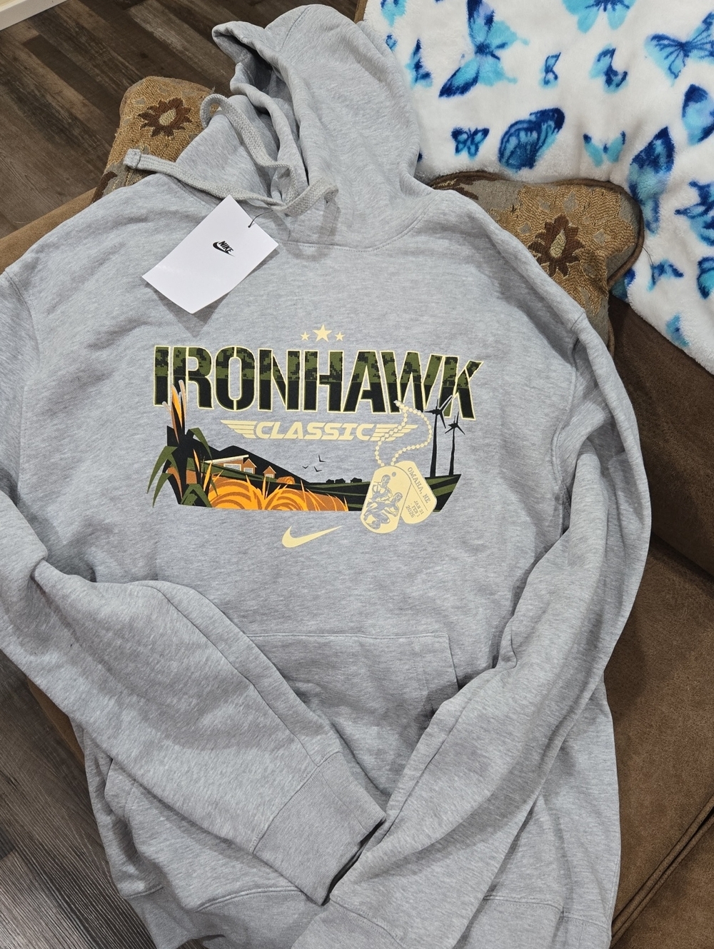 Nike Ironhawk Classic Crewneck Hoodie - Light Gray with Yellow & Green Graphic